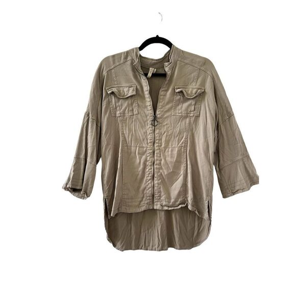 XCVI High Low Hem 3/4 Sleeve Full Zip Jacket Taupe Tan Women's Small - Picture 1 of 5